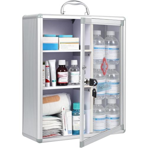 Garvee Large Lockable Medicine Cabinet with Handle,Protable First Aid Cabinet Wall Mount with Sticker for Bathroom,13.78×5.51×16.53,Sliver