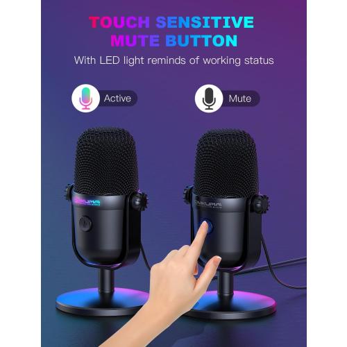 Gaming Microphone with Noise Cancellation & Mute Button, USB Condenser Mic for Streaming/Recording, Ultra-Compact Design, Compatible with PC/Mac/PS4/PS5, Podcast/YouTube/Twitch/Discord (Black)