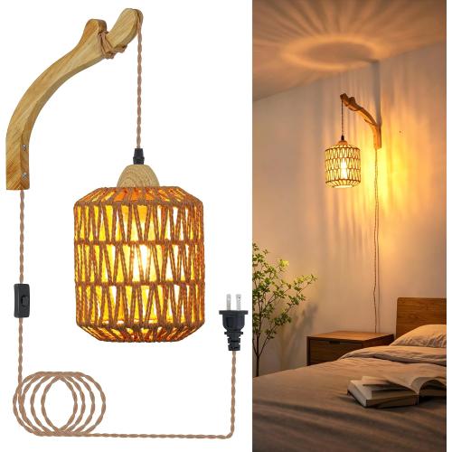 Frideko Rattan Wall Lamp with Plug in Cord Hand Woven Plug in Wall Sconces Paper Rope Wall Light Farmhouse Wall Sconce Wall Mounted Light Boho Wall Sconces Wall Lighting for Bedroom Living Room