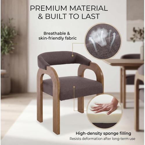 Farmhouse Dining Chairs Set of 2 - Upholstered Armchairs with Linen Cushions & Curved Wooden Arms, Barrel Wood Kitchen Chairs for Dining Room/Cafe/Kitchen Island (Espresso Brown)
