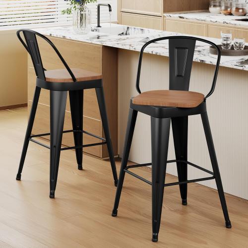 Aklaus Swivel Metal Bar Stools 26 inch Swivel Counter Height Barstools Set of 2 Modern Farmhouse Bar Chairs with High Backs and Large Wooden Seat for Kitchen Island Dining Room Matte Black