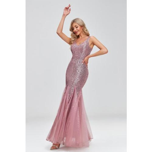 Size L Updated Women's Double V Neck Long Sequined Mermaid Dress Formal Dress Bridesmaid Party Dress