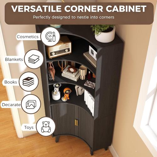 BLACK❗❗❗Tall Fluted Corner Cabinet with Sliding Doors,Storage Cabinet,corner shelf