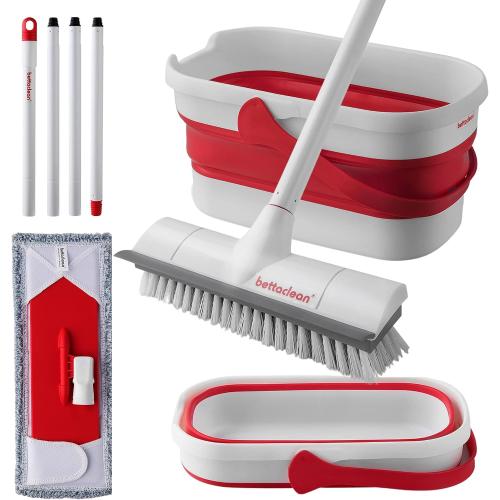 Collapsible Mop and Bucket Set with Wringer, Heavy Duty Scrub Brush, Foldable Mop and Broom for Home, Indoor or Outdoor Cleaning, Patio, Deck, RV, Concrete, and Floor Care by Bettaclean