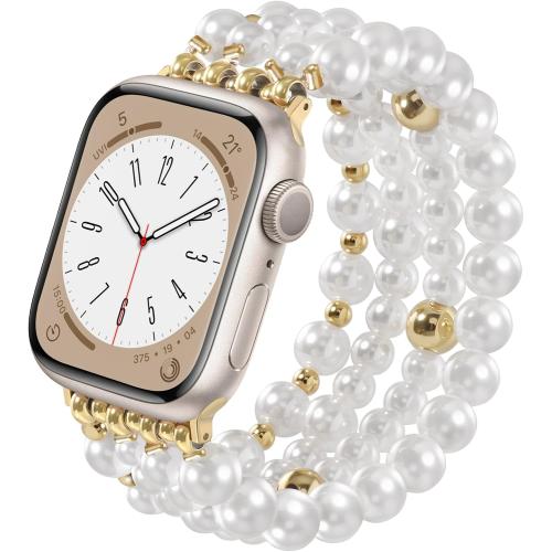 V-MORO Compatible with Apple Watch Band Pearl Series 11/10/9/8/7 42mm 41mm 40mm 38mm Women Fashion Handmade Beaded Elastic Strap Dressy Stretch Bracelet for iwatch SE Series 6/5/4/3/2/1-White/Gold