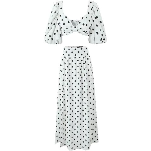 Size XL...Women Skirt Suit Short Sleeve Square Neck Polka Dots Printed Cropped Top High Waist Slit Skirt