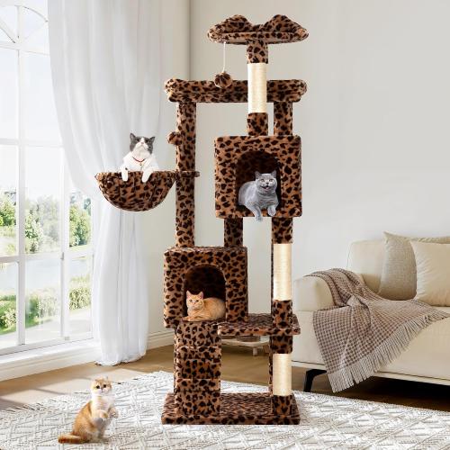 Allewie 64 Inches Multi-Level Cat Tree Tower for Indoor Cats,Leopard Print