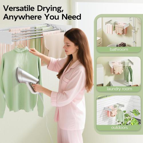 Vikaqi Wall Mounted Clothes Drying Rack 32, Foldable Wall Laundry Rack | Collapsible Drying Rack Clothing Folding Indoor, Hidden Space Saver with Wall Template, 5 Rods, White