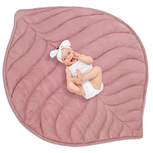 Funtery Baby Play Mat 56 x 42 Inch Cotton Crawling Cushion Cotton Nursery Rug Large Thick Soft Reversible Washable Folding Floor Playpen Mat Nursery Decor Rug for Girls Boys(beige,Leaf)