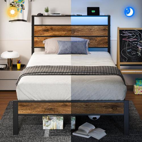 Liians Twin Bed Frame with Storage Headboard USB Charging Station, Smart LED Lights, Metal Platform Bed Easy Assembly, No Box Spring Needed