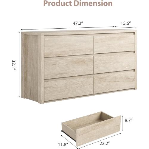 Garvee 6 Drawer Dresser for Bedroom, Wood Chest of Drawers Handle Free, Large Modern Dresser Storage Cabinet for Living Room, Hallway Entryway