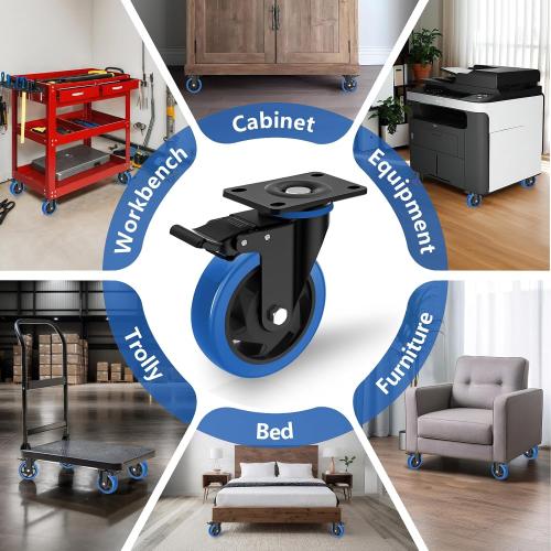 4 Inch Caster Wheel with Brake,Heavy Duty Casters Set of 4,Swivel Top Plate Casters