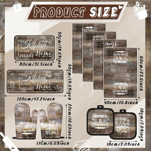 10 Pcs Farmhouse Kitchen Decor and Accessories Set 4 Kitchen Towels 2 Pot Holders 2 Oven Mitts 2 Rugs for Cooking Baking Mom Housewarming Gifts(Brown Gray,Classic Style)