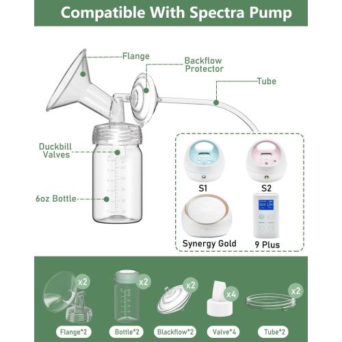 Breast Pump Parts Compatible with Spectra S1/S2/9 Plus/Synergy Gold, Full Set Replacement Parts for Spectra Include 12mm Flange, Duckbill Valve, Backflow Protector, Tubing, Bottle, Not Original Parts