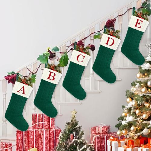 Christmas Stockings with Initials,20 Inches Large Knit Embroidered Letter Green White Christmas Stocking,Monogram Christmas Stocking for Famliy Holiday and Xmas Tree Fireplace (Letter A)