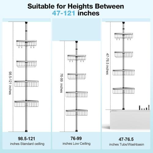 ESSEME Corner Shower Caddy Tension Pole: Adjustable Rustproof 4-Tier Inside Bathroom Organizer - 47-121 inch Quick Installation Bathtub Shelves for Shampoo Storage - Rod Floor Standing Bath Rack