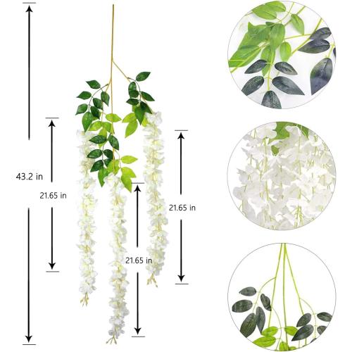 12Pcs Artificial Wisteria Flowers 3.6 Feet/Piece White Dense Artificial Fake Wisteria Vine Ratta Hanging Garland Silk Flowers String Home Party Wedding Decor(White-Dense)