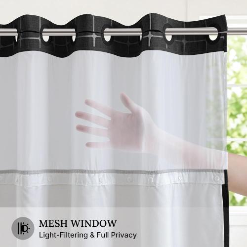 RiverDream Farmhouse No Hooks Shower Curtain with Snap-in Liner,Black,71x74