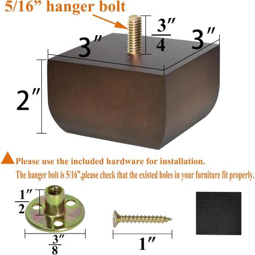 Sofa Legs Square Bed Feet 2 inch Wood Replacement Leg for Furniture Set of 4, Dark Brown