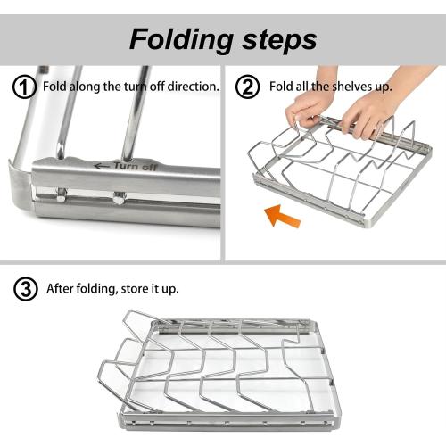 Foldable Rib Rack for Smoking, Stainless Steel 10 in Rib Rack with 2 Meat Shredder Claws, and Black PP Tray, Perfect for Grilling, Smoking, and Serving, BBQ Accessories