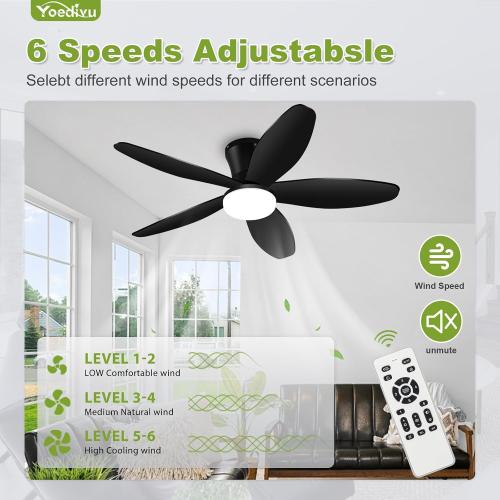 Ceiling Fans with Lights - 42 Inch Low Profile Flush Ceiling Fan with Light and Remote Control, Flush Mount, 6-Speed, 3CCT, Noiseless,Timer, Black Ceiling Fans for Bedroom Indoor/Outdoor Use