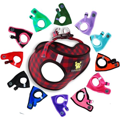 EcoBark Step in Dog Harness - Eco-Friendly Teacup Dog Harnesses for XXS, XS, and Small Dogs - Reflective and Adjustable Mini Body Halter Vest -Tiny Soft Mesh Toy Breed Harness (XXXS, Plaid)