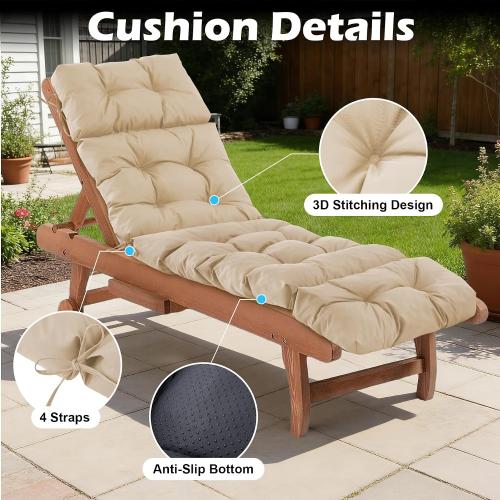 Chaise Lounge Cushions Outdoor, Waterproof & Fade Resistant Patio Lounge Chair Cushions for Outdoor Furniture, Chaise Cushion with Ties for Patio, Pool, Lawn and Beach, 75.1x22.8x4.7 Inch, Beige