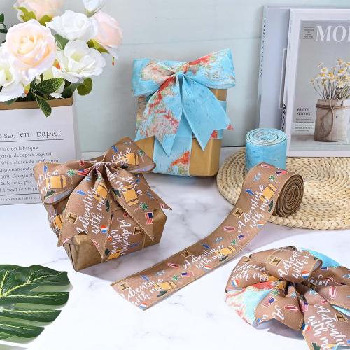 2Rolls 20 Yards Travel Wired Ribbon Adventure Awaits World Map Airplane Printed Ribbon for Gift Wrapping Bow Wreath Making for Baby Shower Birthday Party DIY Craft Decorations