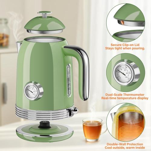 Electric Kettle, 1.7L Tea Kettle with Thermometer, Retro Green