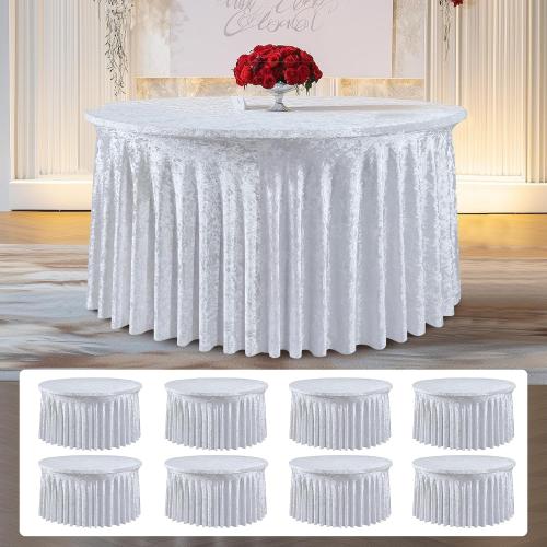 NSSONBEN 8 Pack White Velvet Round Tablecloth 60 inch, Thick Shiny Velour Stretch Fitted 5ft Round Tablecloths 120 inch, Wrinkle Free Spandex Table Covers with Skirt for Wedding Party Dining Banquet