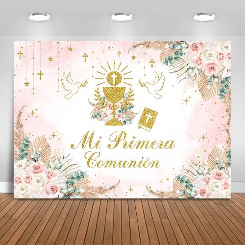 Boho God Bless Baptism Backdrop 7x5ft Pink Mi Primera Comunion Background