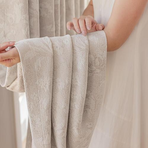 Floral Jacquard Beige Blackout Curtains for Bedroom 84 Inch Long 2 Panels