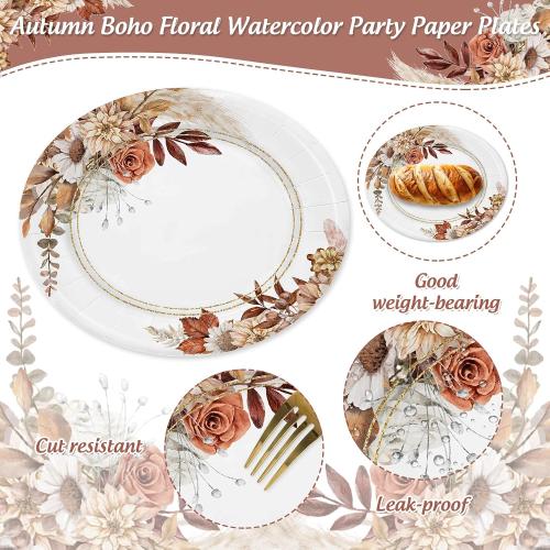 Fall Boho Floral Paper Plates, 9 Inch Autumn Flower Oval Disposable Plates
