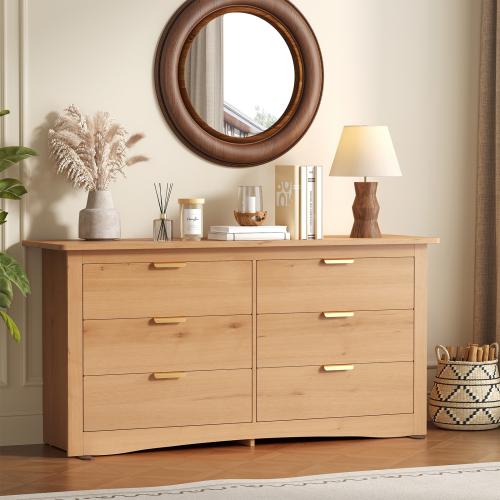 Sweetcrispy Natural Wood 6-Drawer 59-in W Wood Chest of Dresser Storage Cabinet