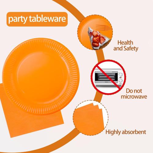 210pcs Orange Paper Plates Disposable Tableware Party Supplies- Includes 9 Dinner Plates, 7 Dessert Plates, 9oz Paper Cups, Napkins, Plastic Forks, Knives And Spoons For All Holiday Parties