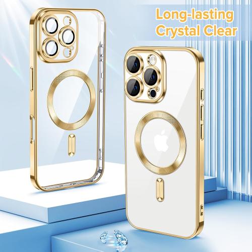 Hython Magnetic Clear for iPhone 16 Pro Case with Camera Lens Protector [Compatible with MagSafe] Luxury Plating Edge Slim Soft TPU Cover Protective Phone Case for iPhone 16 Pro 6.3, Gold