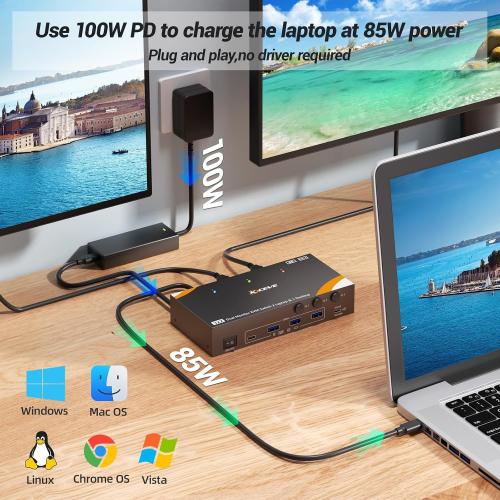 KCEVE KVM Switch 2 Monitors for 2 Laptops 1 Desktop, USB 3.0 KVM Switch 2 Monitors 3 Computers USB C HDMI Share 4 USB3.0 Device, 4K@60Hz, 100W PD, Wired Remote(4K USB C HDMI 3 in 2 Out KVM)