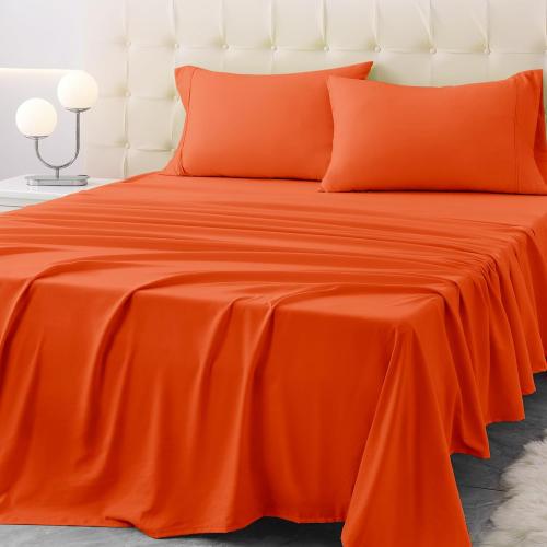 King Size Terracotta Bed Sheet Set - 4 Piece Soft Microfiber Sheets with Deep Pockets, Cooling Technology, and Wrinkle-Free Pillowcase. Hotel-Quality, Durable Bedding, Bright Orange