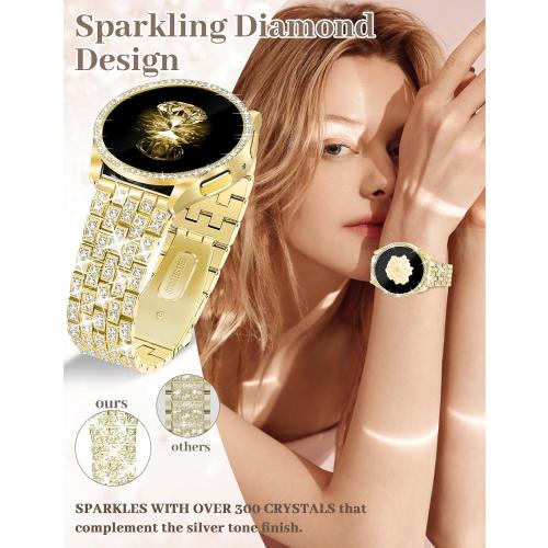 JR.DM Diamond Bands with Bling Case Women ONLY Compatible with Samsung Galaxy Watch 7/6 40mm 44mm, 20mm watch band with Protective Cover Bumper Silver Gold Luxury Metal Bracelet Replacement Strap