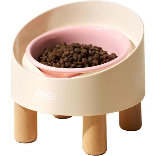 MS!MAKE SURE Cat Bowls, Adjustable Elevated Ceramic Cat Bowls with Anti-Slip Rubber Pad, Splash Guard, Lead & Cadmium Free, Whisker Friendly, for Puppies & Cats - 5.1 Wide, 295ML (10 oz), Pink