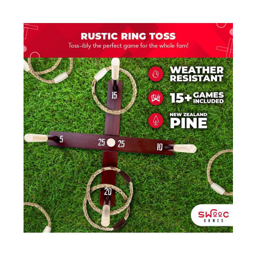 SWOOC Rustic Ring Toss Outdoor Game (All Weather) - 15  Games Included - Vintage Wood & Rope Ring Toss Yard Game - Toss Game - Brown - Medium