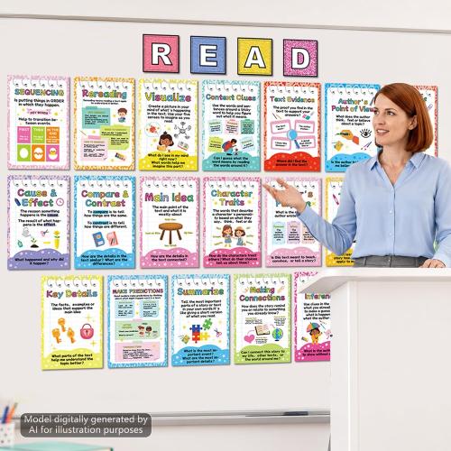 20Pcs Colorful Reading Strategies Posters for Classroom Reading Educational Motivational Bulletin Board Set Read Corner Posters for Back to School Library Chalkboard Wall Art Decor Teacher Supplies