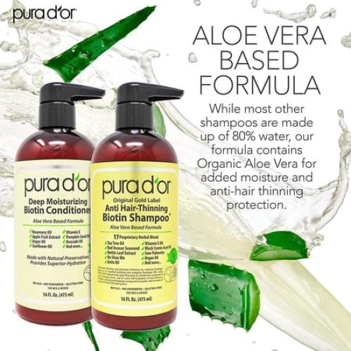 PURA D'OR Original Gold Label Anti Hair Thinning Biotin Daily Shampoo & Deep Moisturizing Conditioner Set with Herbal DHT Blockers