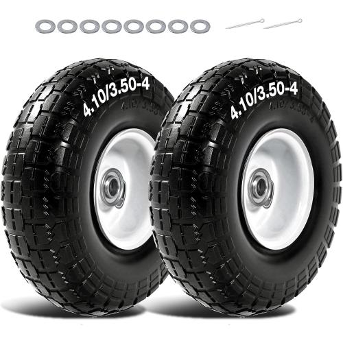 4.10/3.50-4 Flat Free Tire and Wheel, 10 Solid Tire with 5/8 bearing bore, Replacement for Gorilla Cart,Hand Truck, Dolly, Wheelbarrow, 500 lbs Load Capacity (10 Inch, 2-Pack)
