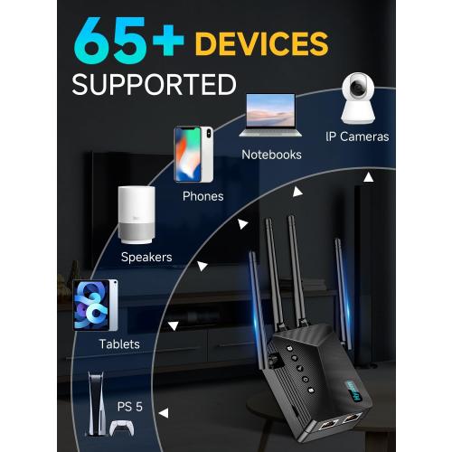 WiFi Extender Signal Booster for Home, Covers Up to 18,000 Sq Ft, Long Range Wireless Internet Repeater with Ethernet Port, Eliminates Dead Zones, Reduces Buffering, Supports 65  Devices, 1-Tap Setup