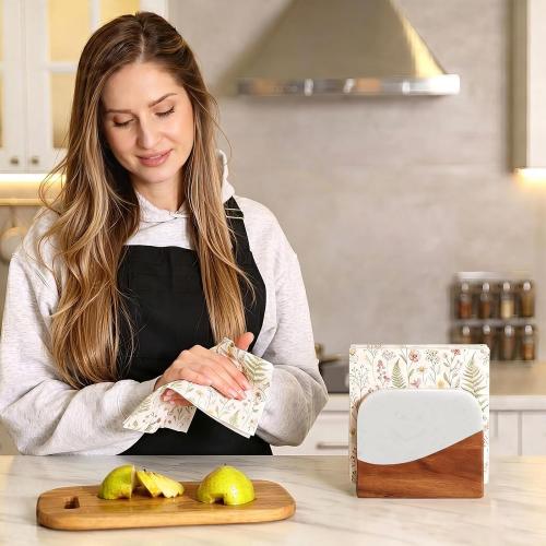 Havawish Acacia Wood Marble Napkin Holder, Trapezoid, White on Top