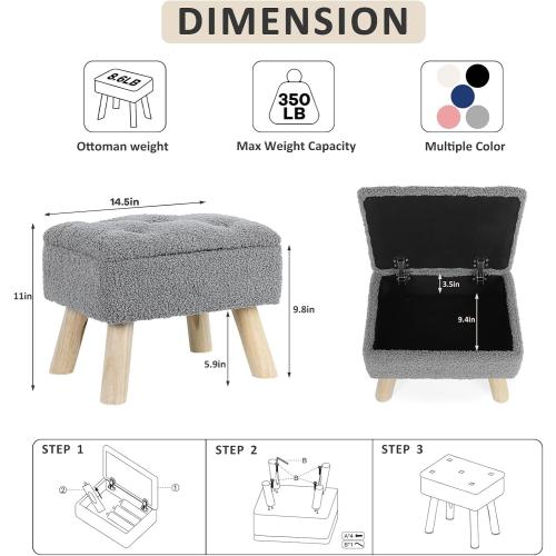 OGEMXU Storage Ottoman, Small Storage Ottoman Foot Stool with Wood Legs, Teddy Velvet Rectangular Foot Rest for Chair, Soft Sponge White Footstool for Living Room, Couch, Bedroom, Dorm (Grizzly)