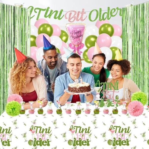 A Tini Bit Older Birthday Decorations, Green Pink Glitter A Tiny Bit Older Birthday Decorations Include Banner, Balloons, tablecolth, Cake Topper for Girls Martini Bachelorette Party Supplies
