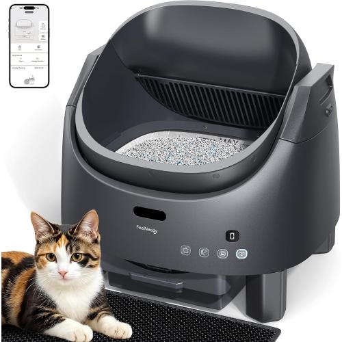 Automatic Litter Box Self Cleaning, FeelNeedy Open-Top Smart Cat Litter Box with App Control, Odor-Control Safety Sensor Design for 1-3 Cats, Includes Waste Bags