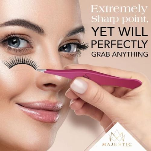 Majestic Bombay Pointy Slanted Tweezers for Women Sharp Tweezers for Hair Removal, Pink, 2 Pack